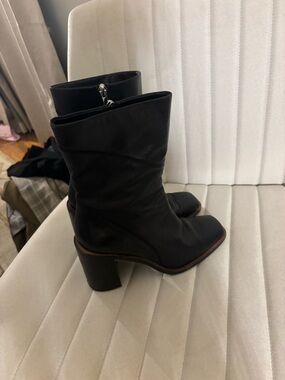 Franco Sarto Black Leather Mid-Calf Block Heel Boots